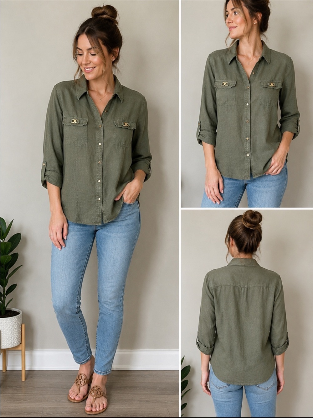 JM Collection 100% Linen Olive Green Button Front Shirt Women’s Size 14